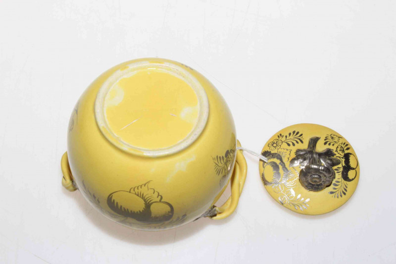 Antique Leeds Ware silver resist yellow ground sucrier and cover, 10cm.