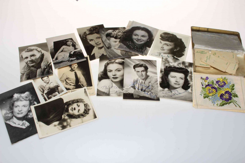 Kensita's cigarette cards in original tin, military badges, Butlins 1965 and 1949 enamel pin badges, together with a circa 1940's autograph album and signed photographs including Patricia Roe, Rosamund John, John Mills, Sheila Sim, Richard Attenborough, J