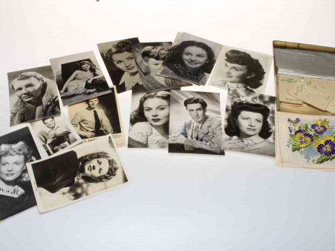 Kensita's cigarette cards in original tin, military badges, Butlins 1965 and 1949 enamel pin badges, together with a circa 1940's autograph album and signed photographs including Patricia Roe, Rosamund John, John Mills, Sheila Sim, Richard Attenborough, J thumbnail