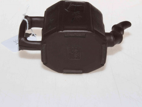 Chinese Yixing teapot with bamboo styled spout and handle, seal mark to base, 10cm. thumbnail