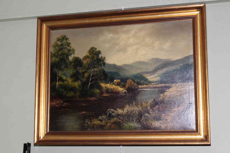 Three gilt framed oils on canvas including pair landscapes.