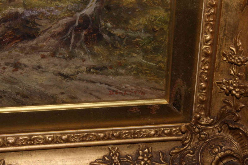 D. Sherrin, Figures in Wooded Landscape, oil on canvas, signed lower right, 34cm by 44cm, in ornate gilt glazed frame.