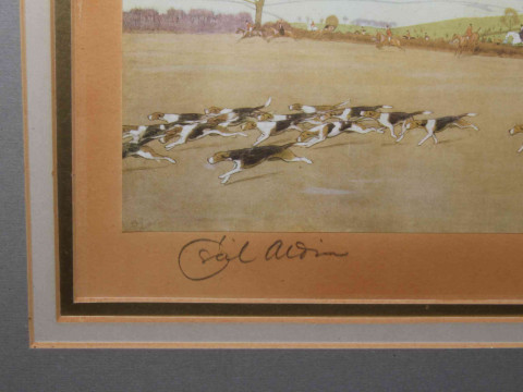 'The Pytchley', Full Cry from Loatland Wood, signed Cecil Aldin plate, in glazed frame. thumbnail
