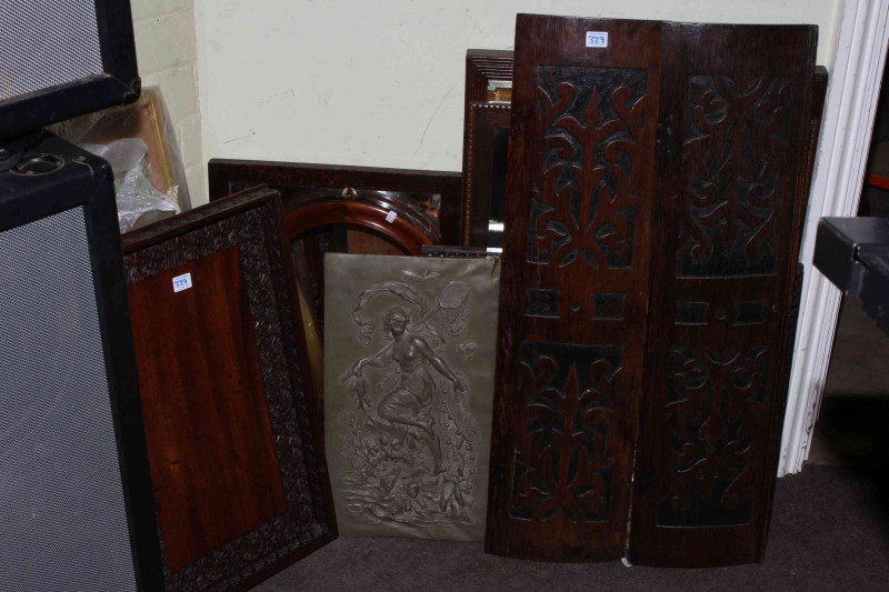 Large collection of framed wall mirrors, watercolours, pair carved panels, tray, etc.