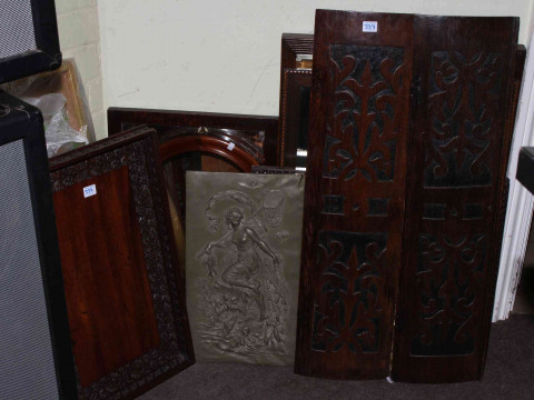 Large collection of framed wall mirrors, watercolours, pair carved panels, tray, etc. thumbnail