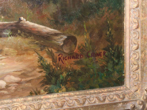 Modern large gilt framed oil on canvas depicting 19th Century Scene of Figures in Woodland, 80cm by 110cm overall. thumbnail