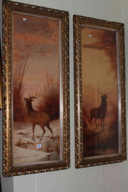 Two gilt framed oils, pair Musician prints and pair Stag prints (6).