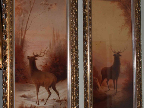 Two gilt framed oils, pair Musician prints and pair Stag prints (6). thumbnail
