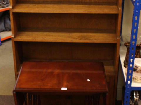 Oak barley twist occasional table, pair Victorian side chairs, oak cabinet bookcase, Siesta nest of three mahogany tables and footstool (6). thumbnail