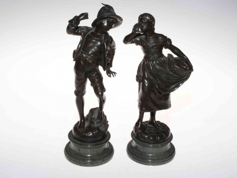A. Mayer, pair bronze children, girl selling fish and frivolous boy on...