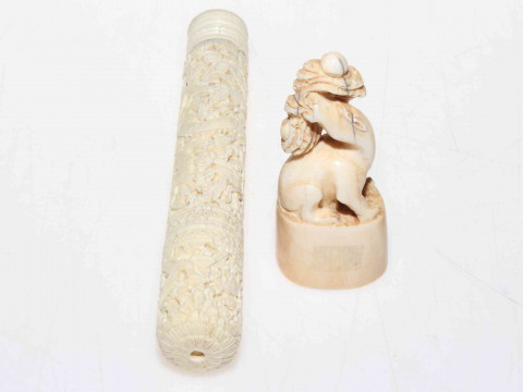 Chinese finely carved ivory bodkin case with contents, together with animal...