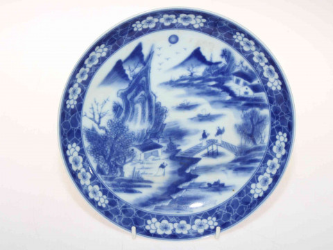 Antique Chinese blue and white saucer dish with figures on a bridge, six...