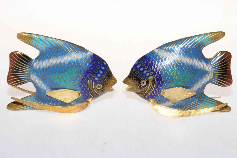 Pair cloisonne decorated gilt metal fish, 9.5cm.