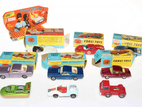 Collection of six boxed Corgi cars; Lotus Elan, NSU Prinz, Mustang Fastback...