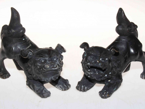 Pair Chinese metal Fo Dogs, length 16cm.
