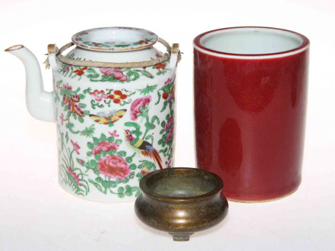 Chinese teapot, red glazed brush pot and small bronze censor (3).