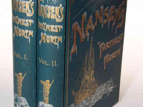 Nansens Farthest North (1898), two volumes with decorative boards.