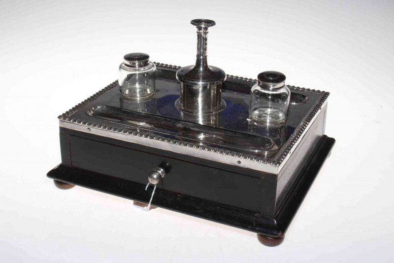 Silver plate mounted inkstand with double inkwell and pen drawer.