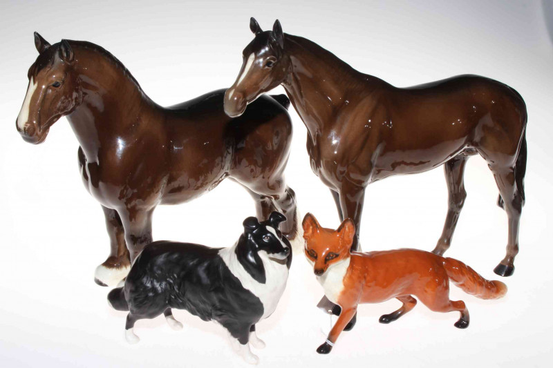 Four Beswick figurines including Collie Dog, Red Fox and Horses.