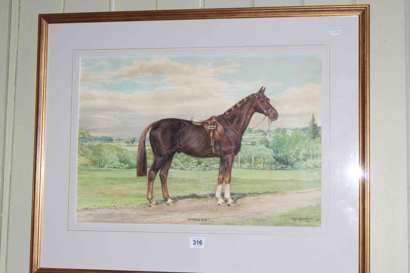 D.M. & E.M. Alderson, 1960, 'Linseed', watercolour portrait of saddled horse in landscape, 36cm by 53cm, card mount and framed.