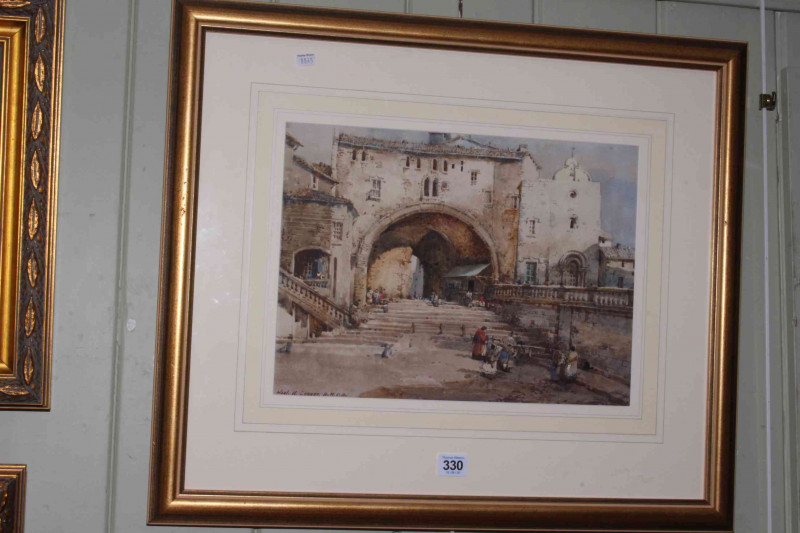 Noel H. Leaver (1889-1951), Tarragona, Spain, with Figures before Archway, 27cm by 37cm, card mount and framed.