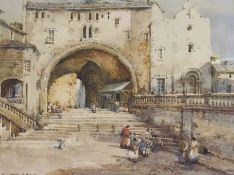 Noel H. Leaver (1889-1951), Tarragona, Spain, with Figures before Archway, 27cm by 37cm, card mount and framed. thumbnail