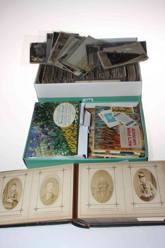 Collection of postcards, cdv album with photographs, woven portraits (Gladstone and Disraeli) and cigarette cards depicting cdv photographer Edward Mann Grimsby and postcards: Dusseldorf Dwarfs, Tom Browne, Hassall, Medomsley, Ferryhill Railway Station, a