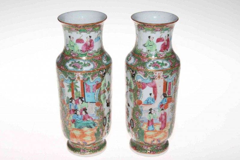 Pair 19th Century Canton vases with figures decoration, 25cm.
