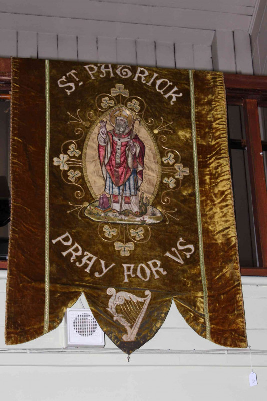 Ecclesiastic chenille wall hanging 'St. Patrick Pray for Us', 1.30 by 0.84.