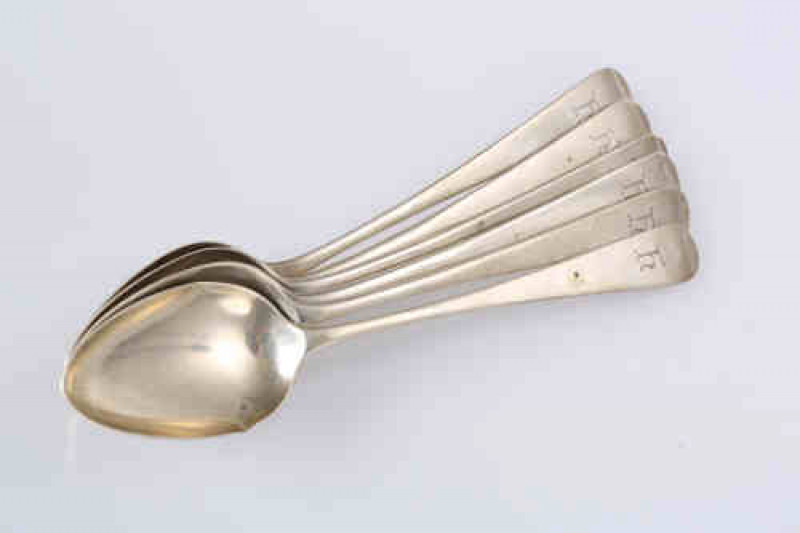 A set of six late Victorian silver dessert spoons, George Jackson & David Fullerton, London 1900, Old English pattern, each engraved with a monogram. 5.8 troy ozs, 17cm