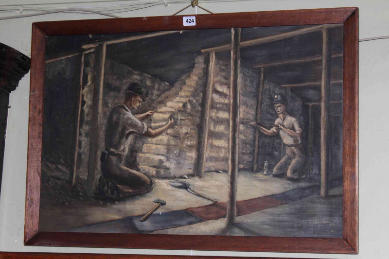 B. Sangster, Two Miners at Work, oil on board, signed and dated 73 lower right, 49cm by 74.5cm, in oak frame.