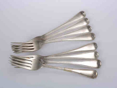 A matched set of eight 19th century silver dinner forks, Old English Thread...