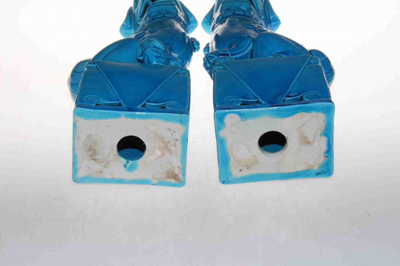 Pair Chinese turquoise glaze Foo dogs, impressed mark to base, 37cm. Condition: Good.