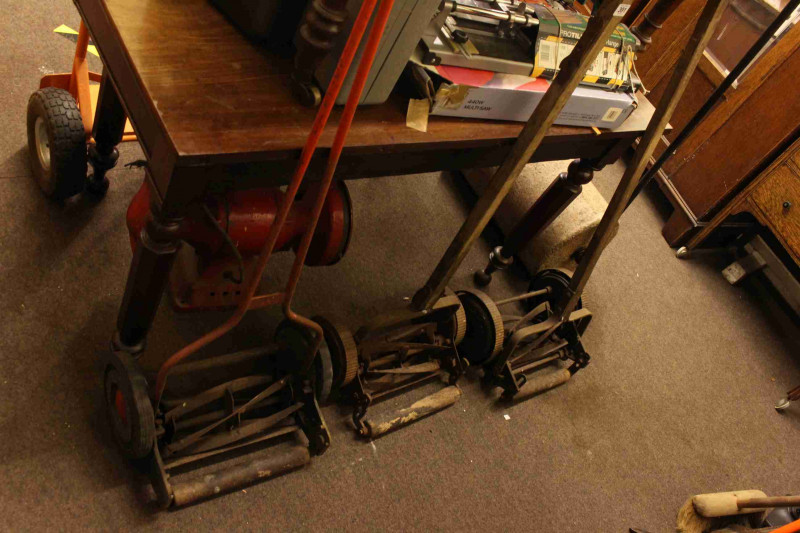 Three vintage push lawn mowers and garden roller (4).