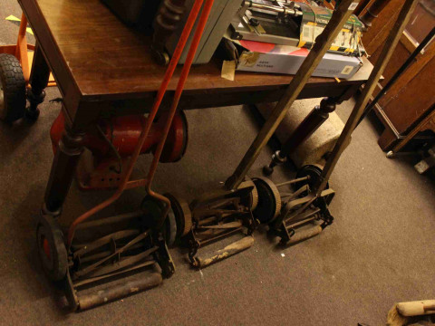 Three vintage push lawn mowers and garden roller (4). thumbnail