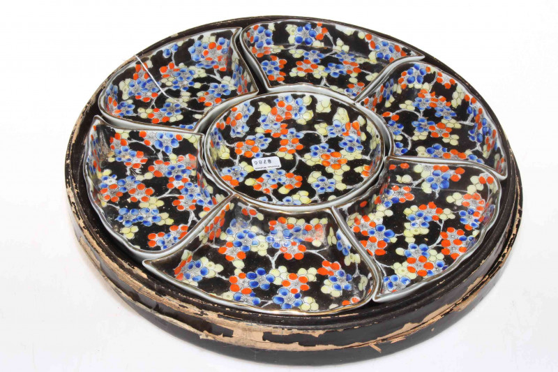 Japanese seven piece hors d'ourves set in original papier mache case (one piece cracked and glued case rough round the edges).