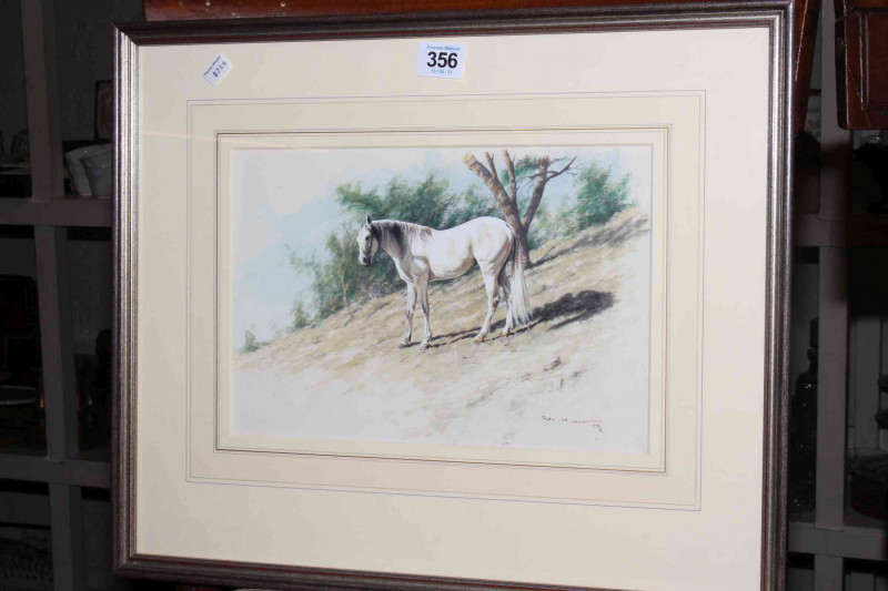 Alan M. Hunt, White Horse in Landscape, watercolour, signed and dated 1984 lower right, 19cm by 28cm, in glazed frame.