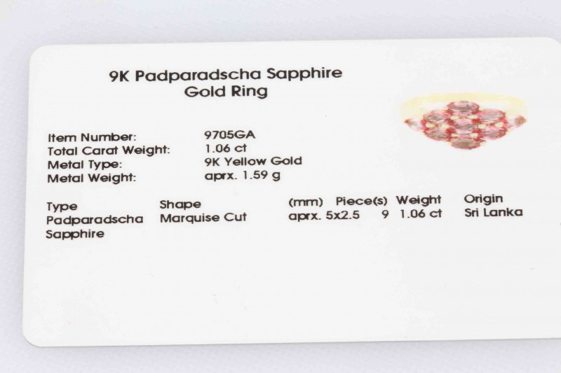 Four stone pink Padparadscha sapphire and 9k gold ring, size Q, with certificate.