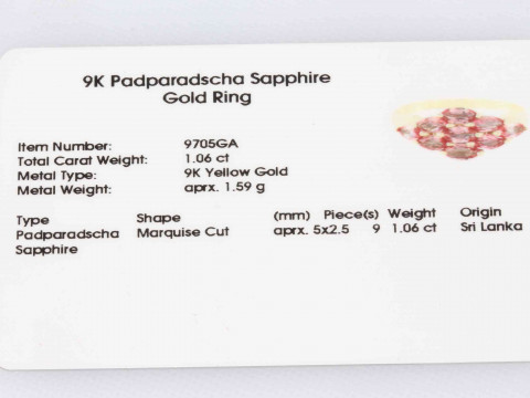 Four stone pink Padparadscha sapphire and 9k gold ring, size Q, with certificate. thumbnail