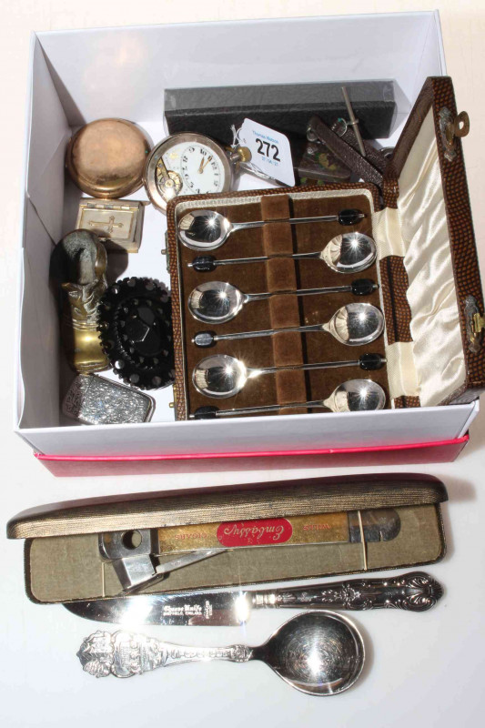 Box including Will's Embassy cigar cutter, Whitby jet brooch, silver vesta case, two pocket watches, cased cutlery.
