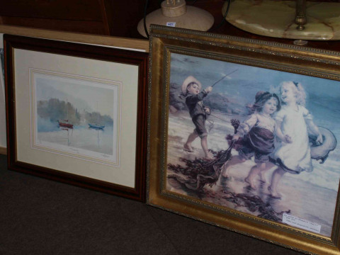 Collection of nineteen decorative pictures and mirrors including Alderson Sisters prints. thumbnail