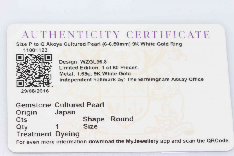 9k white gold Akoya cultured pearl ring, size P/O, with certificate.
