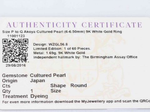 9k white gold Akoya cultured pearl ring, size P/O, with certificate. thumbnail