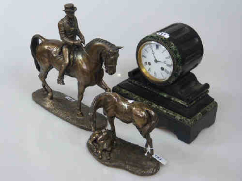 Victorian Black Marble Slate Mantel Clock and Two Bronzed Horse Sculptures