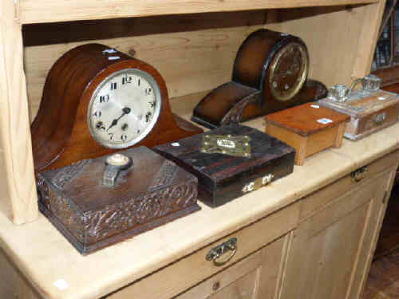 Two Mantel Clocks, Oak Inkstand, Oak Music Box, Oak Box and Rosewood and Brass Box