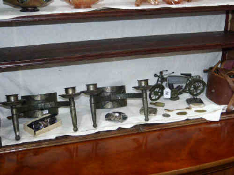 Pair of Binoculars, Model of a Motorcycle, Pair of Metal Two Branch Wall Candlesticks and Other Collectables