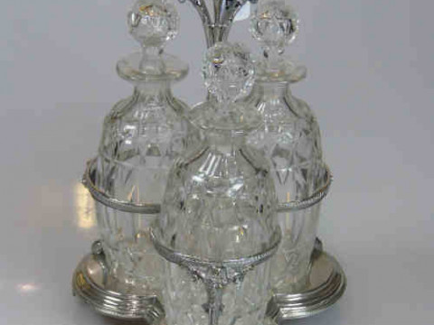 Silver Plated Three Bottle Tantalus with Crystal Bottles