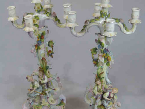 Pair of Continental Figural Porcelain Candelabra with Applied Floral Decoration,...