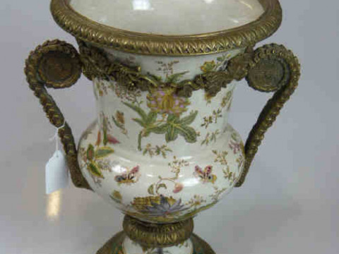 Continental Porcelain Floral Decorated Vase with Gilt Metal Mounts