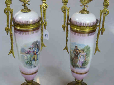 Pair of Porcelain Lidded Vases with Gilt Metal Handles and Stand Decorated...